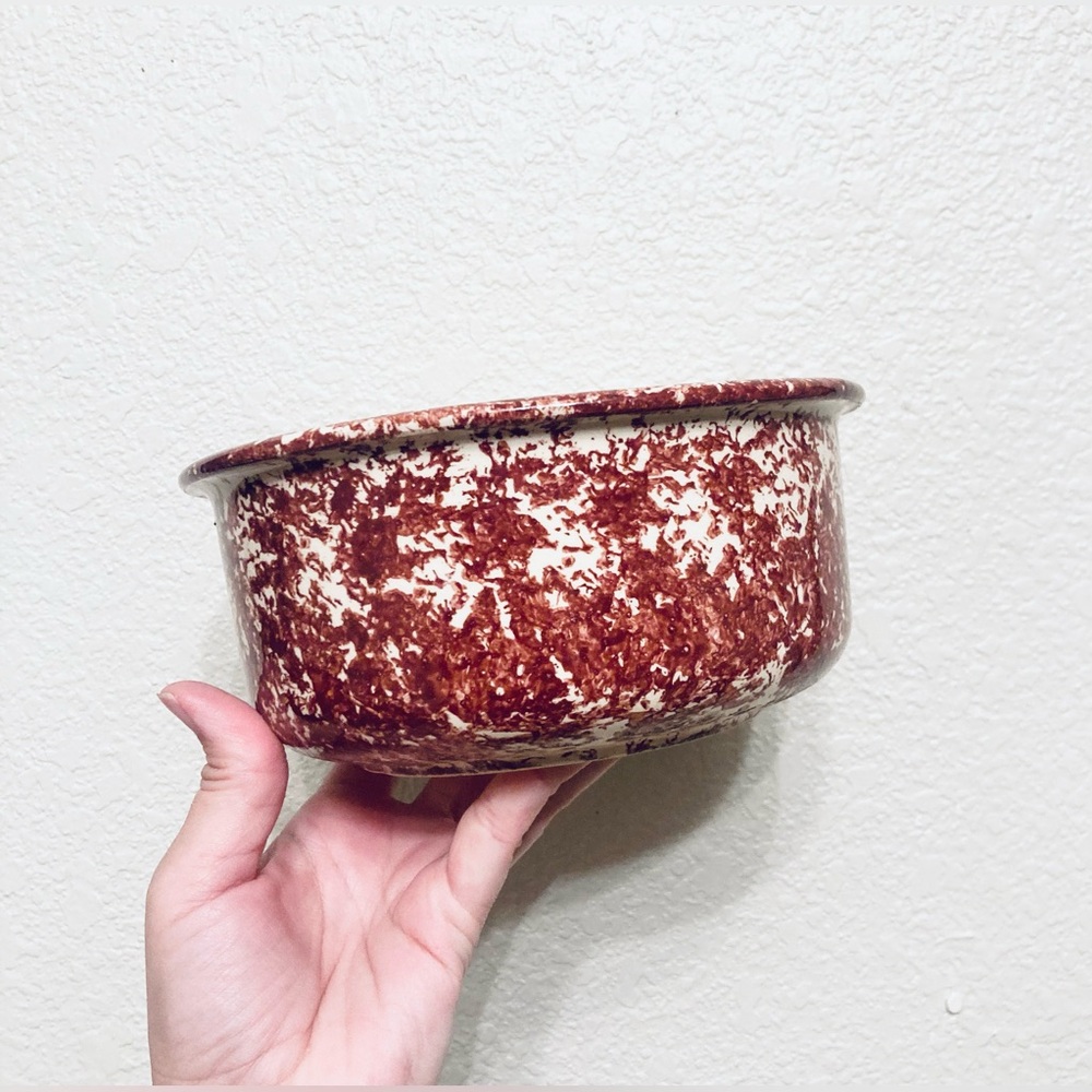 Unique All Purpose Maroon Cream Spongeware Pottery Ceramic Bowl Dish Planter
